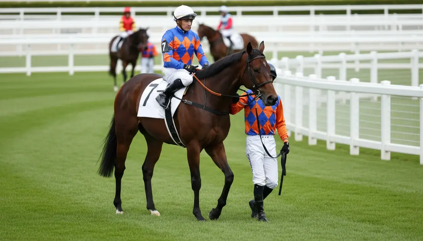 Fantino e cavallo durante il riscaldamento prima di una corsa in ippodromo