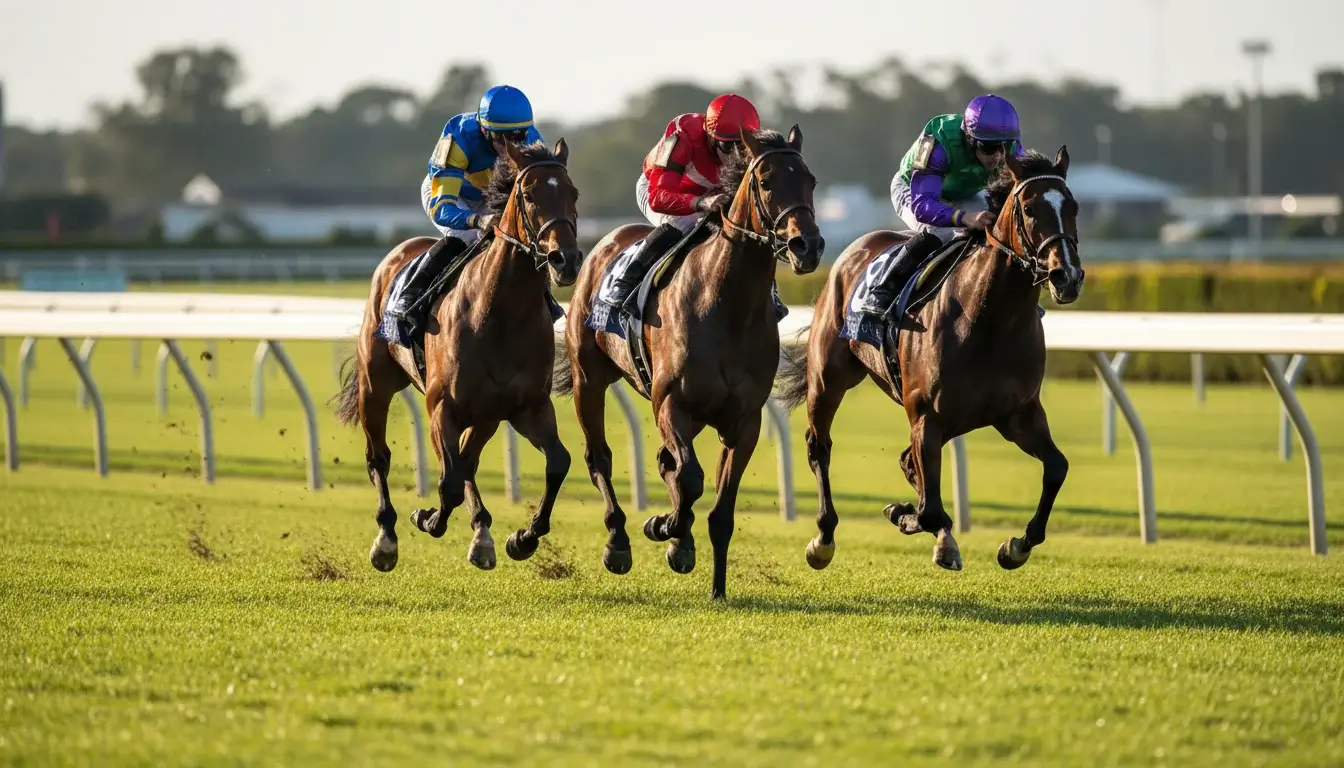 Cavalli purosangue in corsa su pista verde durante una gara di galoppo in ippodromo