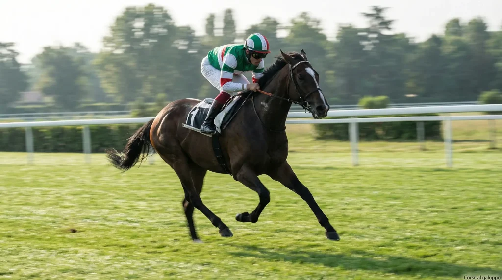 Purosangue inglese al galoppo su pista in erba con fantino in sella