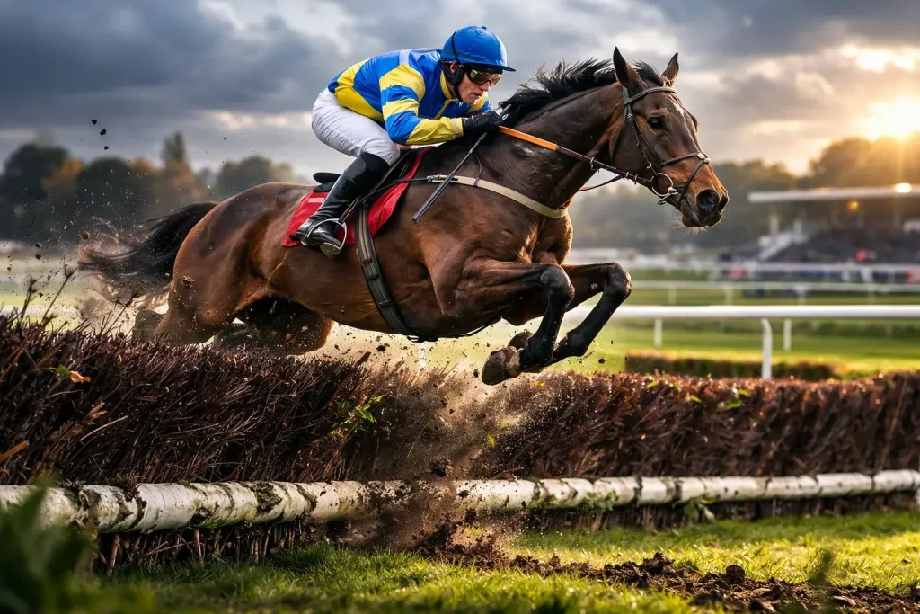 Cavallo e fantino che saltano un ostacolo durante una corsa steeplechase su pista in erba