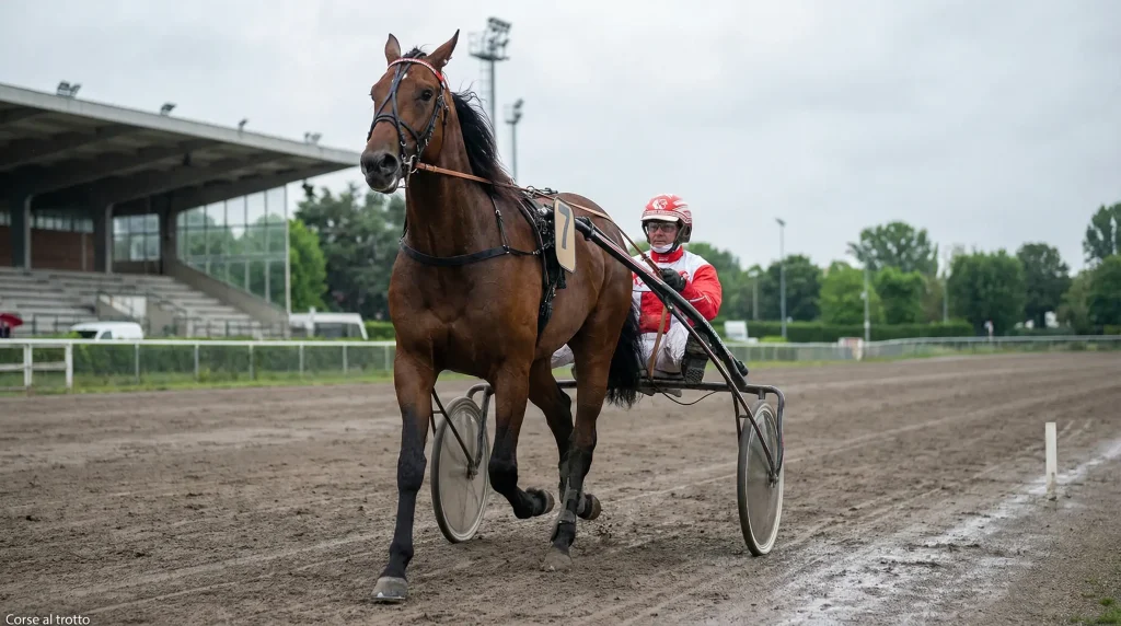 Trottatore con sulky e driver durante una corsa al trotto su pista