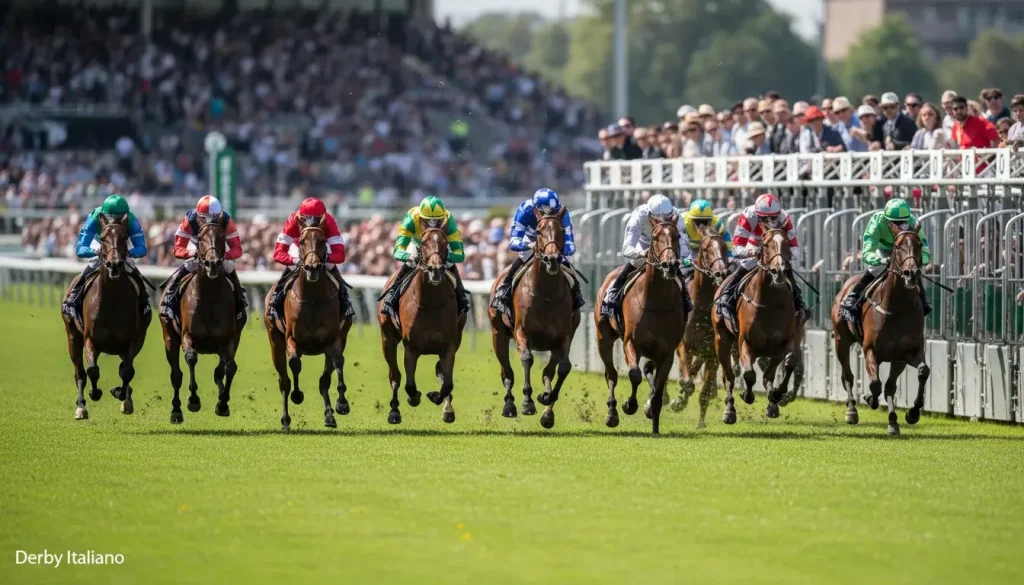 Partenza del Derby Italiano di galoppo con cavalli purosangue su pista in erba