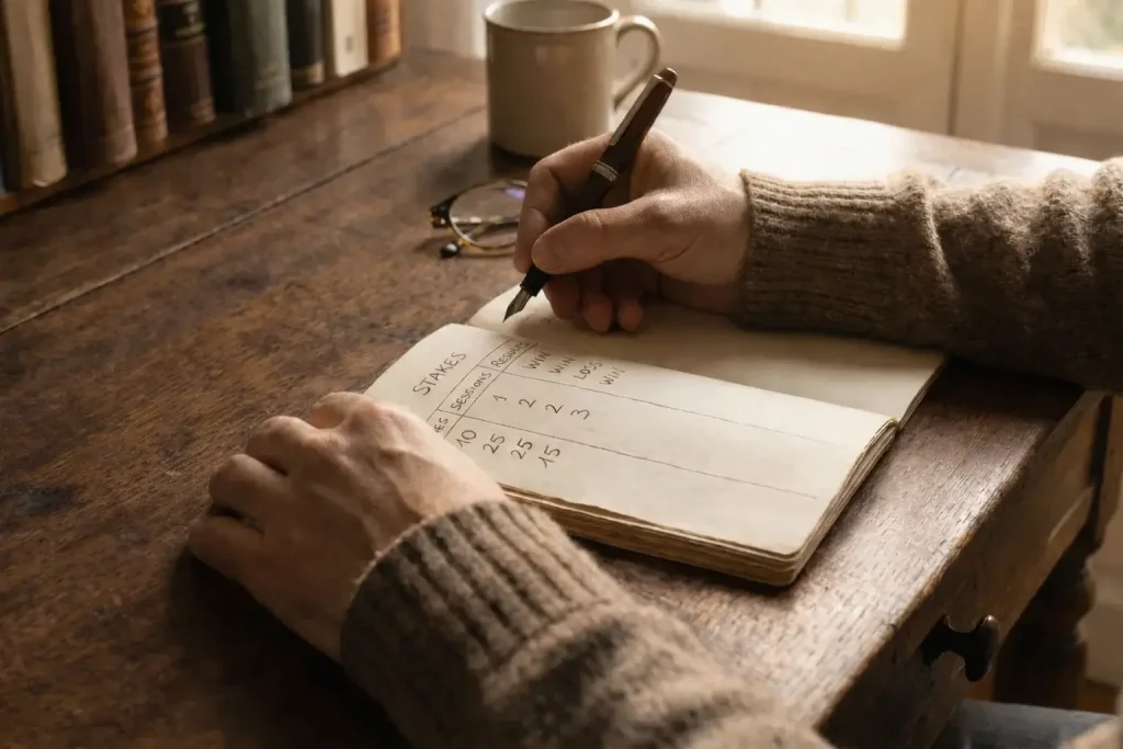 Persona che annota appunti su un taccuino con dati sulle scommesse ippiche