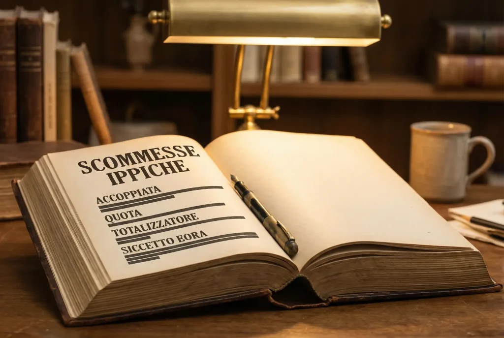 Dizionario ippico aperto su un tavolo con termini di scommesse sui cavalli