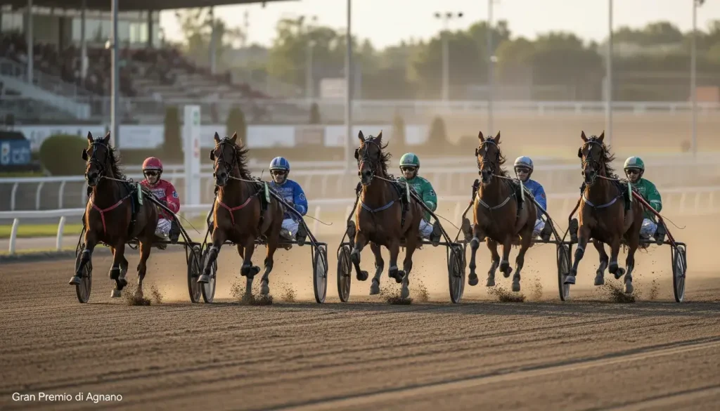 Trottatori con sulky in gara al Gran Premio Lotteria di Agnano a Napoli