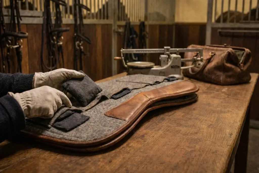 Fantino con pesi di zavorra nella sella prima di una corsa ippica handicap