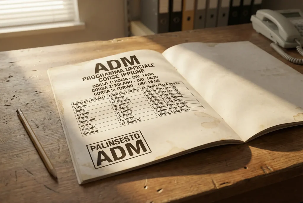Programma ippico ufficiale ADM con elenco corse e quote su un tavolo