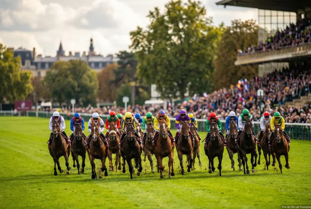 Campo di purosangue in gara al Prix de l Arc de Triomphe su pista in erba a Longchamp