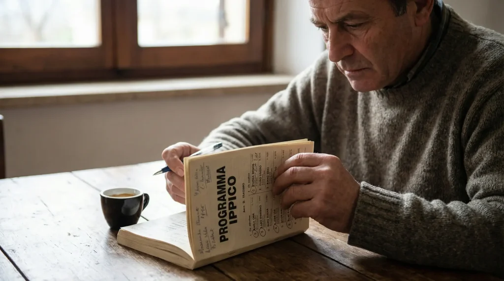 Persona che studia schede di gara e statistiche ippiche su un tavolo