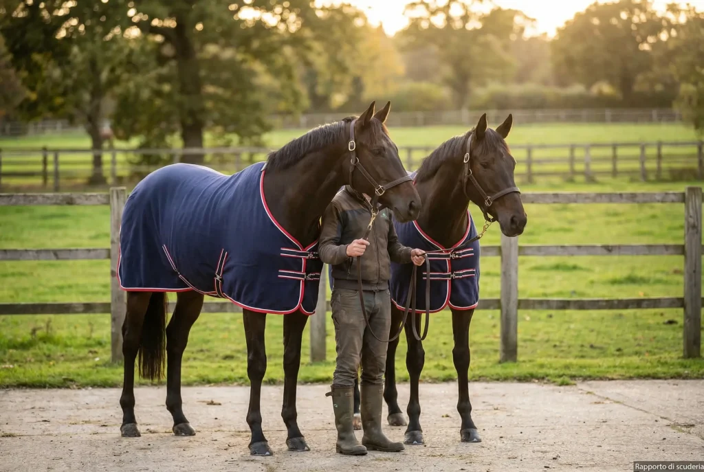 Due cavalli della stessa scuderia nel paddock prima di una corsa ippica italiana