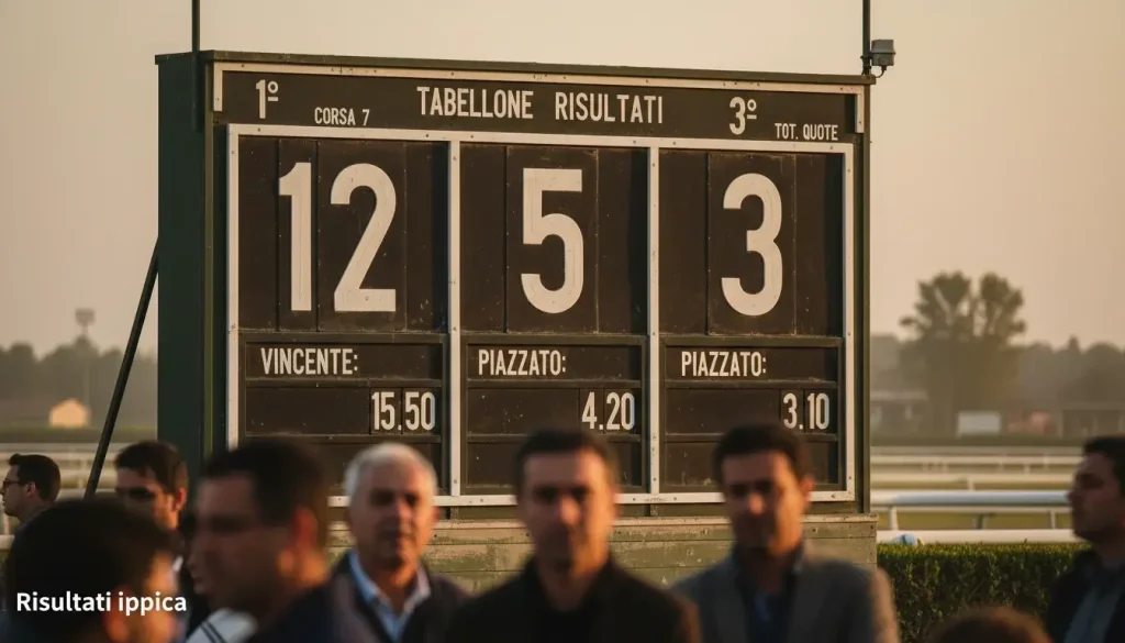 Tabellone dei risultati ippici con ordine di arrivo e quote pagate dopo una corsa