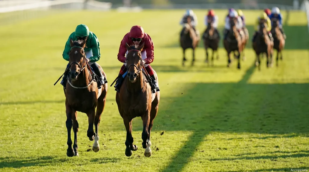 Due cavalli in testa a una corsa ippica su pista in erba con fantini in sella