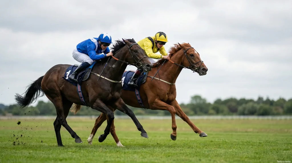 Due cavalli in duello sul rettilineo finale di una corsa ippica su pista in erba