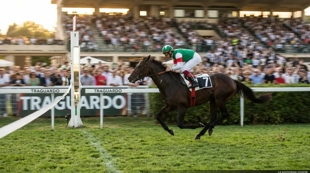 Cavallo vincitore che taglia il traguardo in una corsa ippica su pista in erba