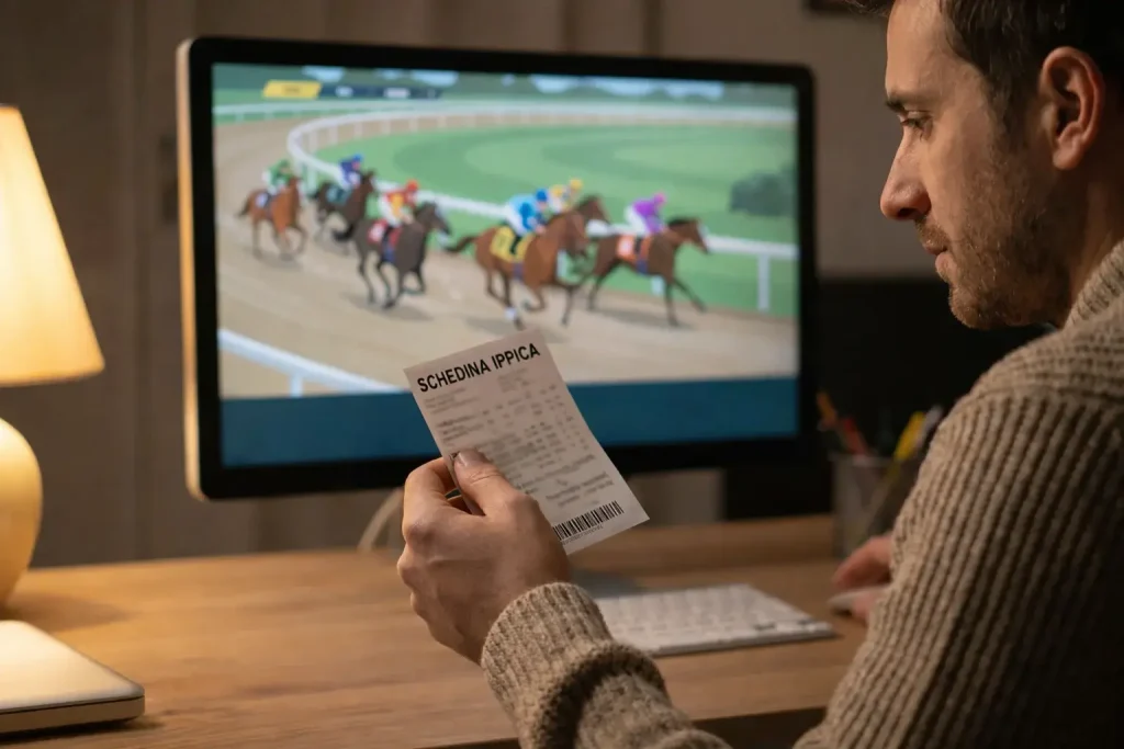 Persona che guarda corse ippiche virtuali su uno schermo con schedina in mano