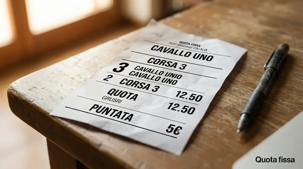 Schedina di scommessa ippica a quota fissa con quote e nomi dei cavalli