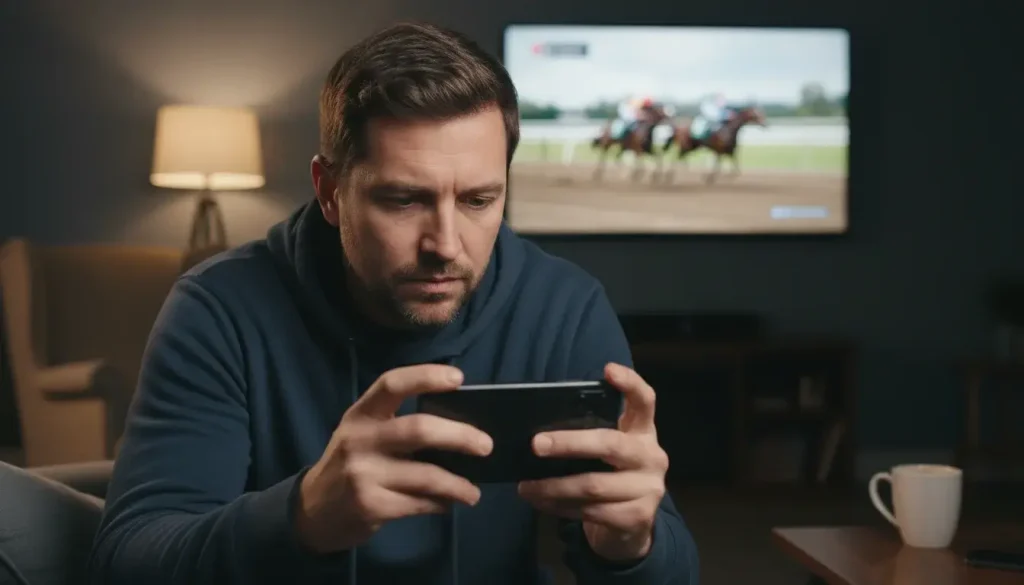 Persona che segue una corsa ippica in diretta e piazza una scommessa live su smartphone