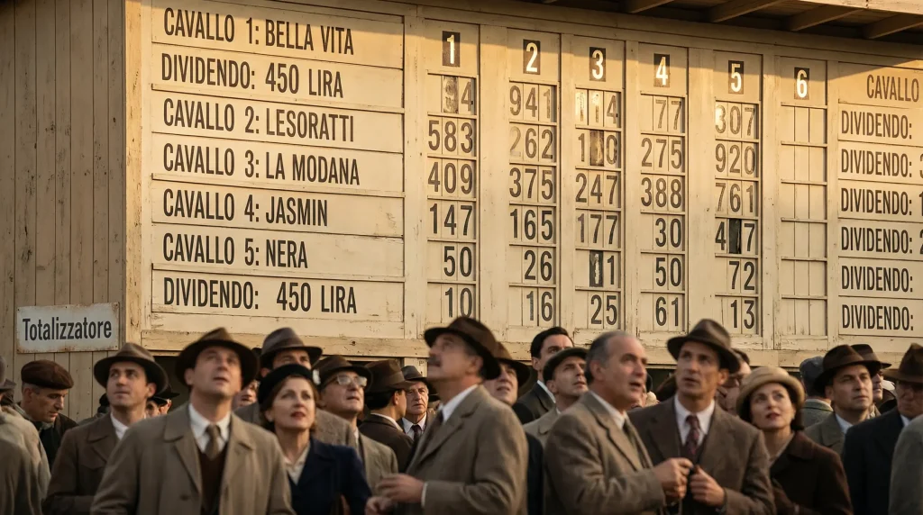 Tabellone del totalizzatore ippico con quote e montepremi delle scommesse sui cavalli