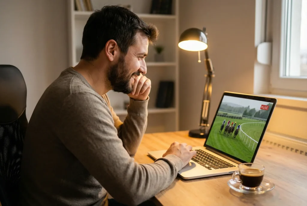 Persona che guarda una corsa ippica in diretta streaming su laptop con schedina accanto