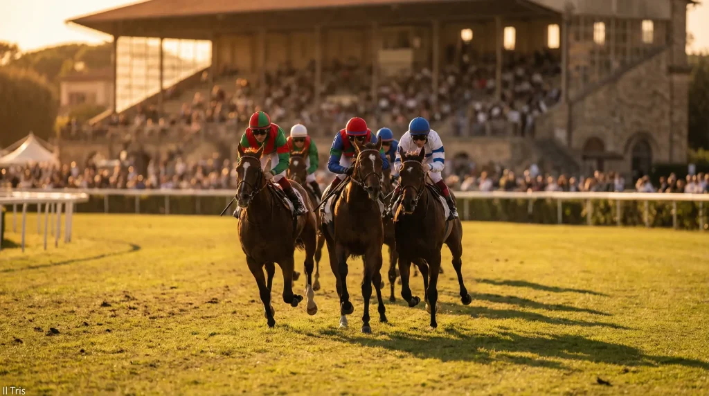 Tre cavalli in testa a una corsa ippica italiana con fantini in sella