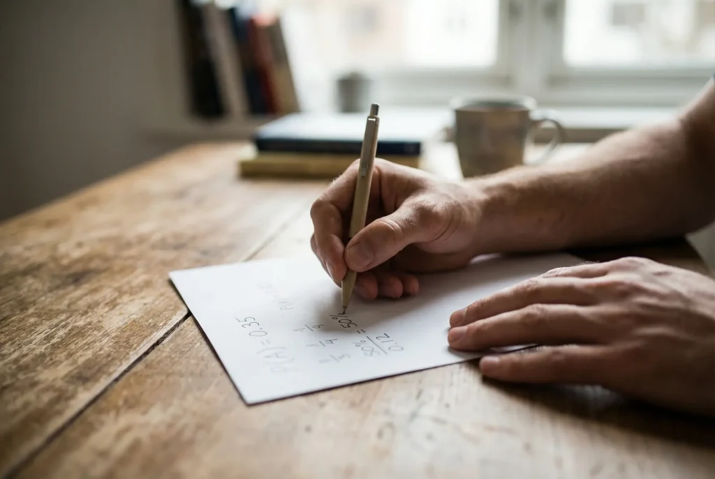Persona che annota calcoli di probabilità su un foglio accanto a una schedina ippica